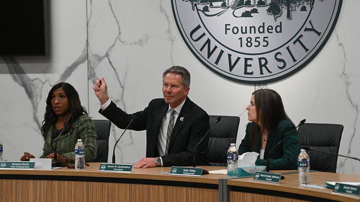 From left. Michigan State University Board of Trustees Vice Chairperson Brianna Scott, President Kevin Guskiewicz, and Chairperson Kelly Tebay, pictured Friday, Feb. 7, 2025, at the MSU Board of Trustees meeting. From left. Michigan State University Board of Trustees Vice Chairperson Brianna Scott, President Kevin Guskiewicz, and Chairperson Kelly Tebay, pictured Friday, Feb. 7, 2025, at the MSU Board of Trustees meeting.