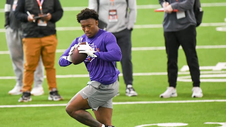 Former Clemson linebacker Barrett Carter perform linebacker position drill for NFL Scouts at Clemson Football's 2025 Pro Day featured seven former football players, five showing speed and skills for NFL scouts before the draft April 24-26 in Green Bay. Former Clemson offensive lineman Marcus Page and Former Clemson running back Phil Mafah interviewed but will show at a future workout.