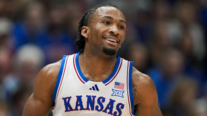 Nov 3, 2025; Lawrence, Kansas, USA; Kansas Jayhawks guard Darryn Peterson (22) reacts during the first half against the Green Bay Phoenix at Allen Fieldhouse. Mandatory Credit: Jay Biggerstaff-Imagn Images