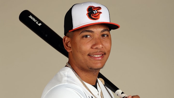 Feb 21, 2024; Sarasota, FL, USA; Baltimore Orioles catcher Samuel Basallo (89) poses for a photo during photo day at Ed Smith Stadium