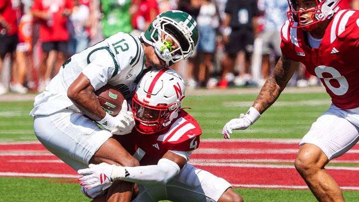 Ohio wide receiver Eian Pugh is tackled by Nebraska defensive back Jamir Conn during the second quarter. Ohio wide receiver Eian Pugh is tackled by Nebraska defensive back Jamir Conn during the second quarter.
