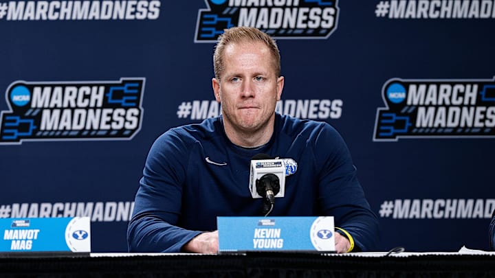 Mar 19, 2025; Denver, CO, USA; BYU Cougars head coach Kevin Young during a press conference at Ball Arena. Mandatory Credit: Isaiah J. Downing-Imagn Images