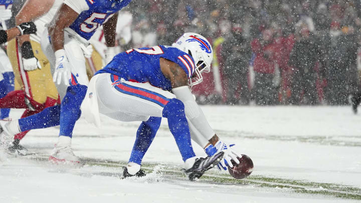 Dec 1, 2024; Orchard Park, New York, USA; Buffalo Bills cornerback Christian Benford (47) recovers a fumble against the San Francisco 49ers during the second half at Highmark Stadium.