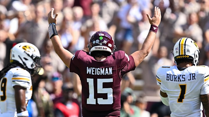 Texas A&M Aggies quarterback Conner Weigman (15) reacts in the second quarter against the Missouri Tigers at Kyle Field. Texas A&M Aggies quarterback Conner Weigman (15) reacts in the second quarter against the Missouri Tigers at Kyle Field.