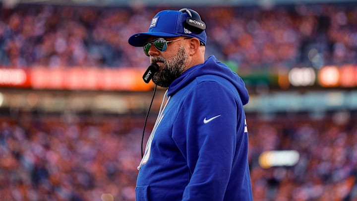 Oct 19, 2025; Denver, Colorado, USA; New York Giants head coach Brian Daboll looks on in the third quarter against the Denver Broncos at Empower Field at Mile High.  