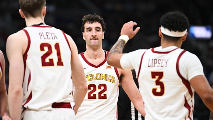 Mar 22, 2026; St. Louis, MO, USA; Iowa State Cyclones forward Milan Momcilovic (22) celebrates with Iowa State Cyclones guard Tamin Lipsey (3) after a play during the second half against the Kentucky Wildcats during a second round game of the men's 2026 NCAA Tournament at Enterprise Center. Mandatory Credit: Jeff Le-Imagn Images