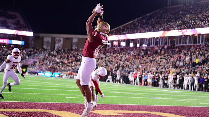 Oct 25, 2024; Chestnut Hill, Massachusetts, USA; Boston College Eagles tight end Jeremiah Franklin (17) scores a touchdown during the second half against the Louisville Cardinals at Alumni Stadium. Mandatory Credit: Eric Canha-Imagn Images