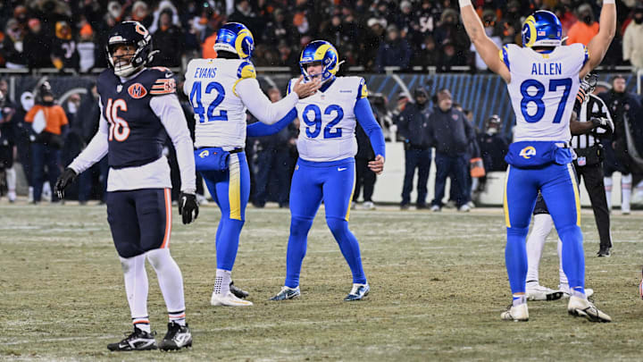 Jan 18, 2026; Chicago, IL, USA; Los Angeles Rams placekicker Harrison Mevis (92) reacts with punter Ethan Evans (42) and tight end Davis Allen (87) after kicking the game-winning forty-two yard field goal against the Chicago Bears during overtime of an NFC Divisional Round game at Soldier Field. Mandatory Credit: Matt Marton-Imagn Images