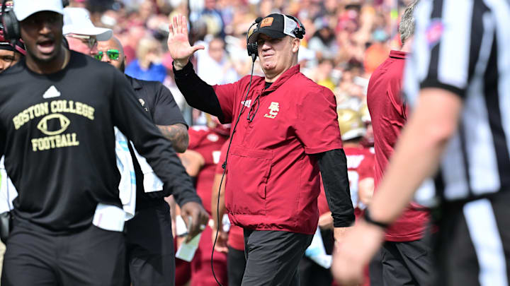 Sep 28, 2024; Chestnut Hill, Massachusetts, USA; Boston College Eagles head coach Bill O'Brien high fives the team after a touchdown against the Western Kentucky Hilltoppers during the first half at Alumni Stadium. Mandatory Credit: Eric Canha-Imagn Images
