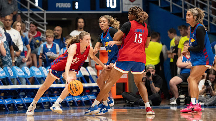 Kansas women's basketball's Laia Conesa (6) dribbles the ball during Late Night in the Phog, Friday, Oct. 17, 2025 at Allen Fieldhouse .
