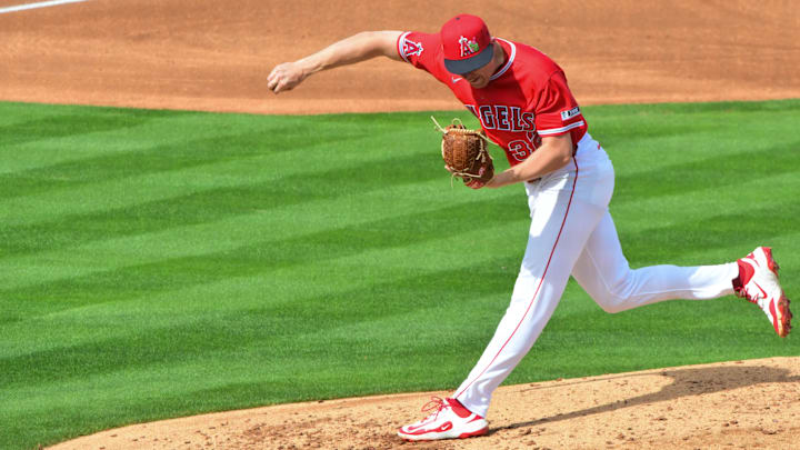 Feb 23, 2026; Tempe, Arizona, USA; Los Angeles Angels pitcher Ryan Johnson (32) throws in the third inning against the Texas Rangers during a spring training game at Tempe Diablo Stadium. Mandatory Credit: Matt Kartozian-Imagn Images Feb 23, 2026; Tempe, Arizona, USA; Los Angeles Angels pitcher Ryan Johnson (32) throws in the third inning against the Texas Rangers during a spring training game at Tempe Diablo Stadium. Mandatory Credit: Matt Kartozian-Imagn Images