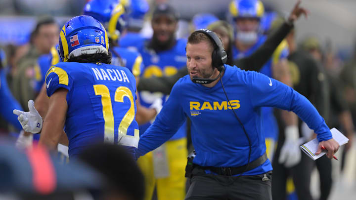Nov 2, 2025; Inglewood, California, USA; Los Angeles Rams head coach Sean McVay and wide receiver Puka Nacua (12) react after a touchdown against the New Orleans Saints during the first half at SoFi Stadium. Mandatory Credit: Jayne Kamin-Oncea-Imagn Images