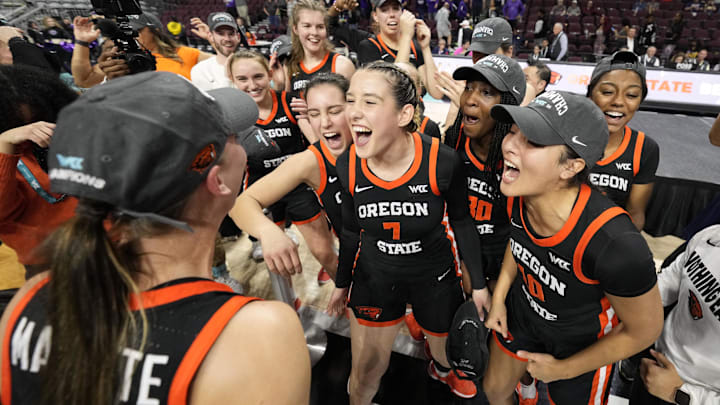 March 11, 2025; Las Vegas, NV, USA; Oregon State Beavers celebrate after defeating the Portland Pilots after the game in the final of the West Coast Conference tournament at Orleans Arena. Mandatory Credit: Kyle Terada-Imagn Images March 11, 2025; Las Vegas, NV, USA; Oregon State Beavers celebrate after defeating the Portland Pilots after the game in the final of the West Coast Conference tournament at Orleans Arena. Mandatory Credit: Kyle Terada-Imagn Images
