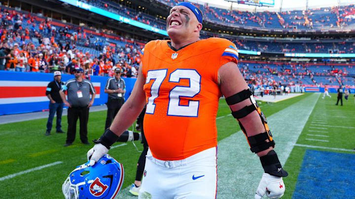Oct 6, 2024; Denver, Colorado, USA; Denver Broncos offensive tackle Garett Bolles (72) celebrates following the game against the Las Vegas Raiders at Empower Field at Mile High. Oct 6, 2024; Denver, Colorado, USA; Denver Broncos offensive tackle Garett Bolles (72) celebrates following the game against the Las Vegas Raiders at Empower Field at Mile High.