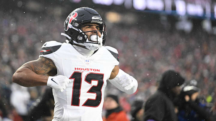 Jan 18, 2026; Foxborough, MA, USA; Houston Texans wide receiver Christian Kirk (13) celebrates a touchdown in the second quarter against the New England Patriots in an AFC Divisional Round game at Gillette Stadium. Mandatory Credit: Brian Fluharty-Imagn Images