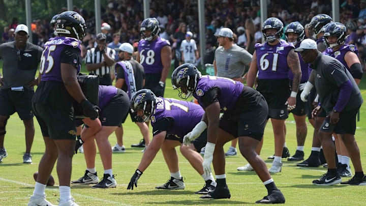 Jul 23, 2025; Owings Mills, MD, USA; Baltimore Ravens offensive line goes through drills during training camp at the Under Armour Performance Center. Mandatory Credit: Mitch Stringer-Imagn Images