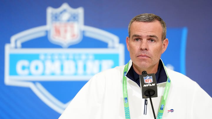 Buffalo Bills general manager Brandon Beane speaks at the NFL Scouting Combine at the Indiana Convention Center. Buffalo Bills general manager Brandon Beane speaks at the NFL Scouting Combine at the Indiana Convention Center.