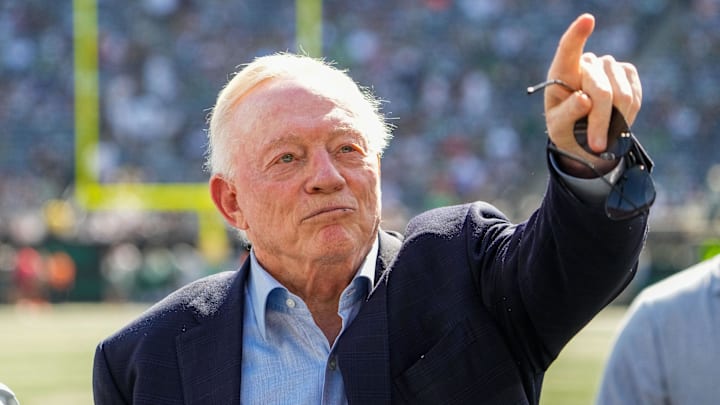 Dallas Cowboys Owner, President and general manager Jerry Jones stands on the field prior to a game against the New York Jets.