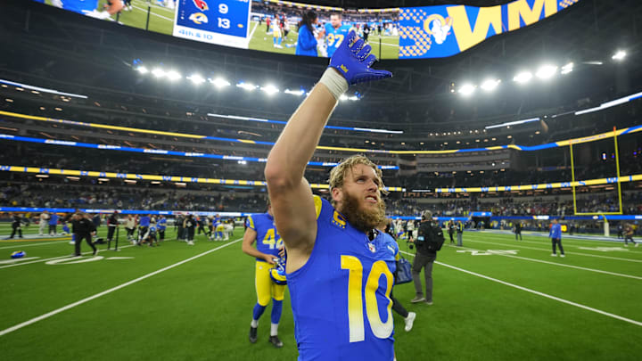 Dec 28, 2024; Inglewood, California, USA; Los Angeles Rams wide receiver Cooper Kupp (10) leaves the field after the game against the Arizona Cardinals at SoFi Stadium. Mandatory Credit: Kirby Lee-Imagn Images