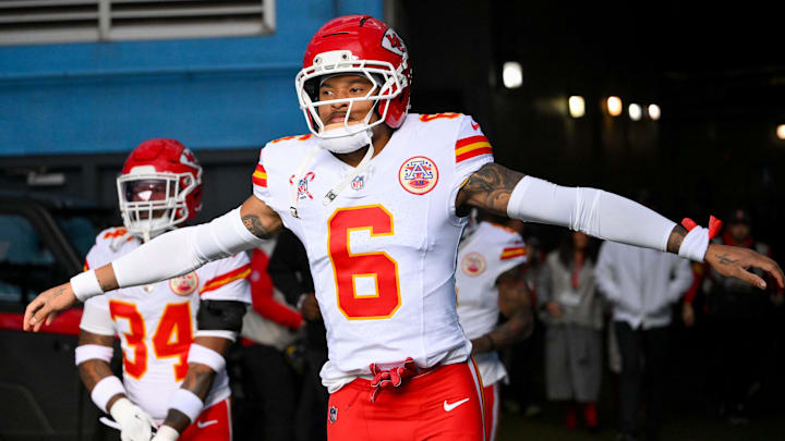 Dec 21, 2025; Nashville, Tennessee, USA; Kansas City Chiefs safety Bryan Cook (6) runs to the field against the Tennessee Titans during pre-game warmups at Nissan Stadium. Mandatory Credit: Steve Roberts-Imagn Images Dec 21, 2025; Nashville, Tennessee, USA; Kansas City Chiefs safety Bryan Cook (6) runs to the field against the Tennessee Titans during pre-game warmups at Nissan Stadium. Mandatory Credit: Steve Roberts-Imagn Images