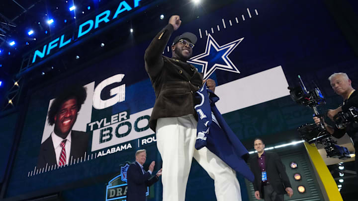 Alabama offensive lineman Tyler Booker is selected by the Dallas Cowboys as the No. 12 pick in the first round of the 2025 NFL Draft. Alabama offensive lineman Tyler Booker is selected by the Dallas Cowboys as the No. 12 pick in the first round of the 2025 NFL Draft.