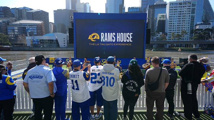 Sep 10, 2026; Melbourne, Victoria, Australia; A general overall view of the Rams House LA Tailgate Experience pontoon on the Yarra River at the Crown Riverwalk. Mandatory Credit: Kirby Lee-Imagn Images Sep 10, 2026; Melbourne, Victoria, Australia; A general overall view of the Rams House LA Tailgate Experience pontoon on the Yarra River at the Crown Riverwalk. Mandatory Credit: Kirby Lee-Imagn Images