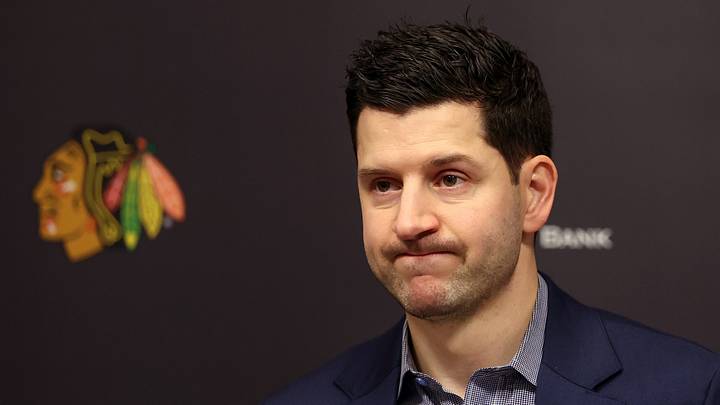 Chicago Blackhawks general manager Kyle Davidson speaks with the media after the firing of coach Luke Richardson and the promotion of interim coach Anders Sorensen on Dec. 6, 2024, at Fifth Third Arena in Chicago. (Stacey Wescott/Chicago Tribune/Tribune News Service via Getty Images)