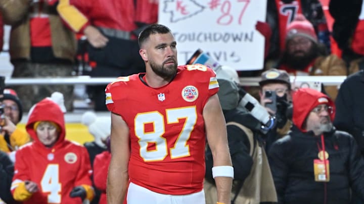Dec 7, 2025; Kansas City, Missouri, USA; Kansas City Chiefs tight end Travis Kelce (87) warms up prior to the game against the Houston Texans at GEHA Field at Arrowhead Stadium. Mandatory Credit: Amy Kontras-Imagn Images
