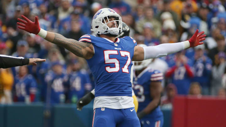 Bills defensive end A.J. Epenesa celebrates a big third down stop against Pittsburgh. 