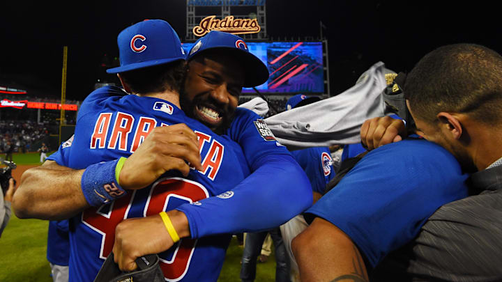 Nov 2, 2016: Chicago Cubs players Jake Arrieta (49) and Jason Heyward (22) celebrate on the field after defeating the Chicago Cubs in game seven of the 2016 World Series at Progressive Field.