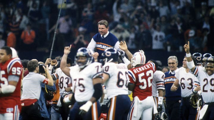 Mike Ditka is hoisted after the Bears won Super Bowl XX. It's been all downhill since then for the organization.