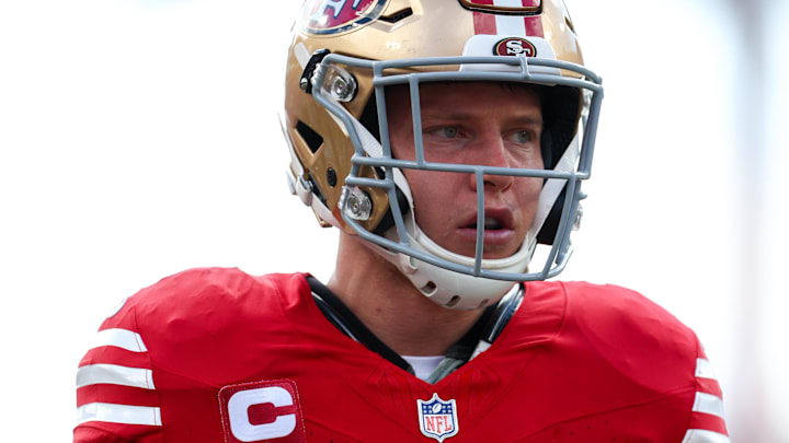Nov 10, 2024; Tampa, Florida, USA; San Francisco 49ers running back Christian McCaffrey (23) warms up before a game against the Tampa Bay Buccaneers at Raymond James Stadium. Mandatory Credit: Nathan Ray Seebeck-Imagn Images