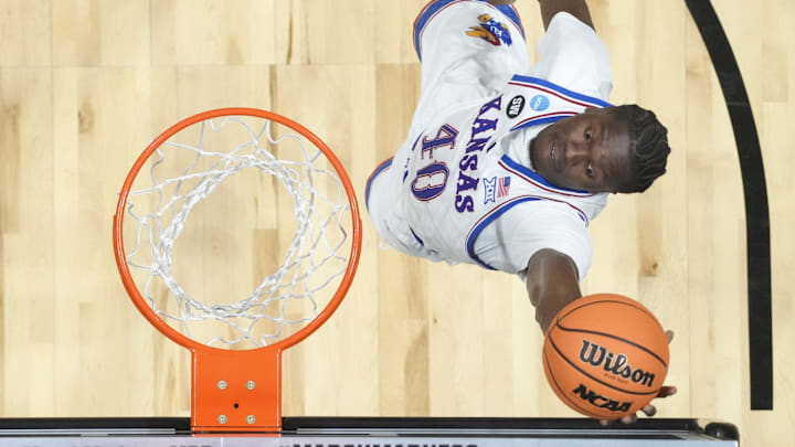 Mar 20, 2026; San Diego, CA, USA; Kansas Jayhawks forward Flory Bidunga (40) shoots the ball against the California Baptist Lancers during a first round game of the men's 2026 NCAA Tournament at Viejas Arena. Mandatory Credit: Kirby Lee-Imagn Images