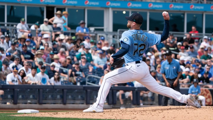 Seattle Mariners pitcher Levis Stoudt (72) on the mound against the Los Angeles Dodges during spring training at Peoria Sports Complex in March of 2022.