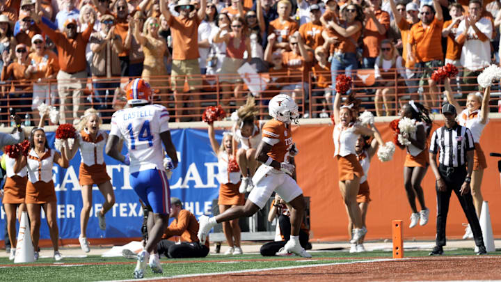 Nov 9, 2024; Austin, Texas, USA; Texas Longhorns wide receiver Matthew Golden (2) runs in to the end zone for a touchdown during the first half against the Florida Gators at Darrell K Royal-Texas Memorial Stadium. Mandatory Credit: Scott Wachter-Imagn Images