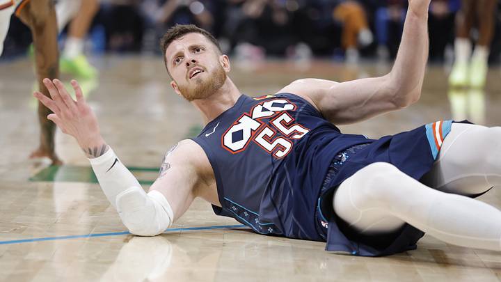 Apr 22, 2026; Oklahoma City, Oklahoma, USA; Oklahoma City Thunder center Isaiah Hartenstein (55) reacts after falling to the floor during a play against the Phoenix Suns in the second half during game two of the first round of the 2026 NBA Playoffs at Paycom Center. Mandatory Credit: Alonzo Adams-Imagn Images