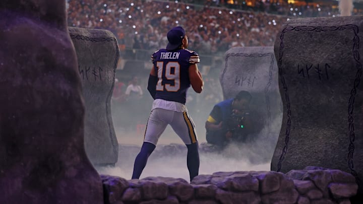 Sep 14, 2025; Minneapolis, Minnesota, USA; Minnesota Vikings wide receiver Adam Thielen (19) enters the field before the game against the Atlanta Falcons at U.S. Bank Stadium.