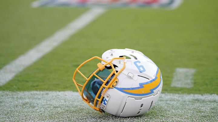 Sep 15, 2022; Kansas City, Missouri, USA; The helmet of Los Angeles Chargers linebacker Kenneth Murray Jr. (9) pictured at GEHA Field at Arrowhead Stadium. Mandatory Credit: Denny Medley-Imagn Images
