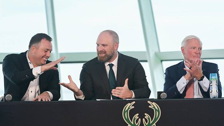 May 6, 2026; Milwaukee, WI, USA;  Milwaukee Bucks general manager Jon Horst (left) and co-owner Jimmy Haslam (right) introduce new head coach Taylor Jenkins (center) at a press conference at Milwaukee Art Museum. Mandatory Credit: Benny Sieu-Imagn Images