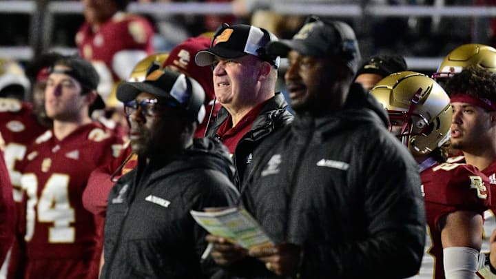 Oct 25, 2024; Chestnut Hill, Massachusetts, USA; Boston College Eagles head coach Bill O'Brien watches the action on the field from the bench during the second half against the Louisville Cardinals at Alumni Stadium. Mandatory Credit: Eric Canha-Imagn Images