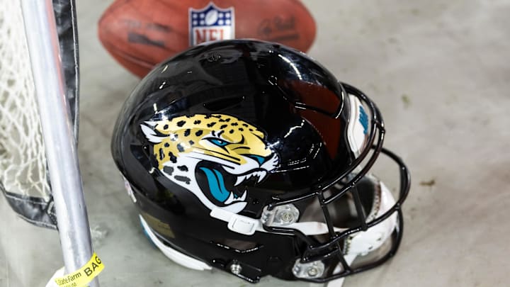 Nov 23, 2025; Glendale, Arizona, USA; Detailed view of a Jacksonville Jaguars helmet at State Farm Stadium. Mandatory Credit: Mark J. Rebilas-Imagn Images Nov 23, 2025; Glendale, Arizona, USA; Detailed view of a Jacksonville Jaguars helmet at State Farm Stadium. Mandatory Credit: Mark J. Rebilas-Imagn Images