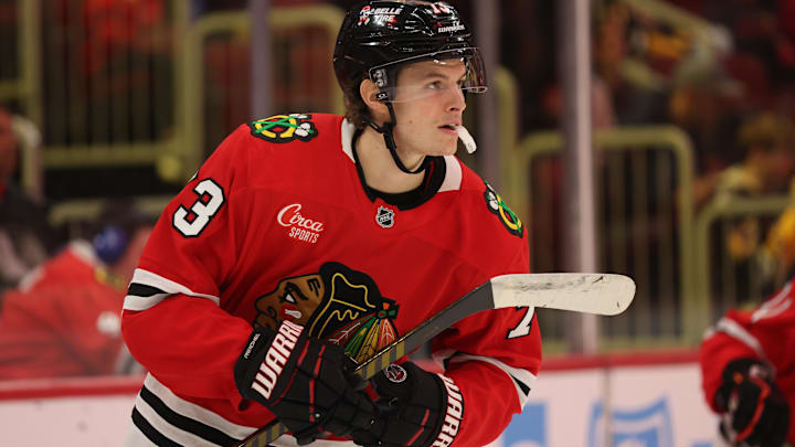 Chicago Blackhawks left wing Lukas Reichel (73) warms up before the second period against the Pittsburgh Penguins at United Center.