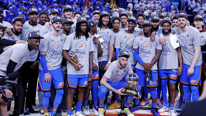 May 28, 2025; Oklahoma City, Oklahoma, USA; The Oklahoma City Thunder celebrates after beating the Minnesota Timberwolves in game five to win the western conference finals for the 2025 NBA Playoffs at Paycom Center. Mandatory Credit: Alonzo Adams-Imagn Images