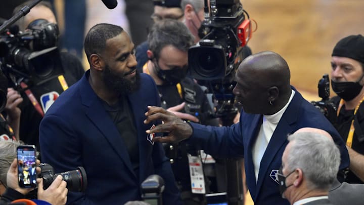 Feb 20, 2022; Cleveland, Ohio, USA; Lebron James and Michael Jordan on court during halftime during the 2022 NBA All-Star Game at Rocket Mortgage FieldHouse. Mandatory Credit: David Richard-Imagn Images Feb 20, 2022; Cleveland, Ohio, USA; Lebron James and Michael Jordan on court during halftime during the 2022 NBA All-Star Game at Rocket Mortgage FieldHouse. Mandatory Credit: David Richard-Imagn Images