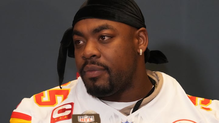 Feb 5, 2025; New Orleans, LA, USA; Kansas City Chiefs defensive tackle Chris Jones (95) in a press conference ahead of Super Bowl LIX at New Orleans Marriott. Mandatory Credit: Kirby Lee-Imagn Images