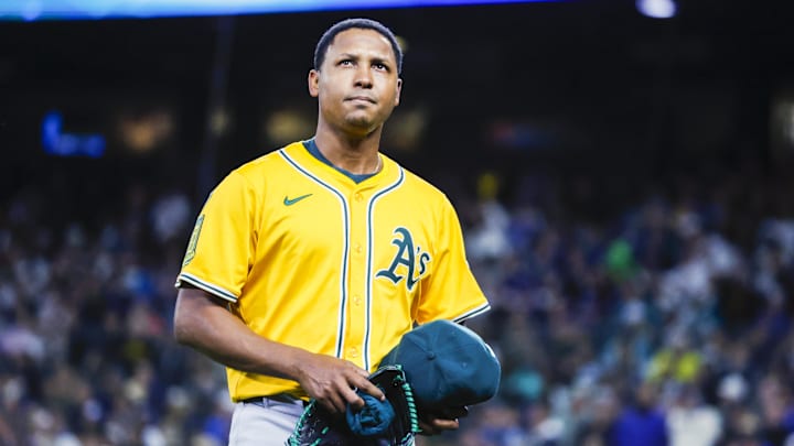 Mar 27, 2025; Seattle, Washington, USA; Athletics relief pitcher Jose Leclerc (37) walks to the dugout after surrendering a two-run home run against the Seattle Mariners immediately before an eighth inning pitching change at T-Mobile Park. Mandatory Credit: Joe Nicholson-Imagn Images