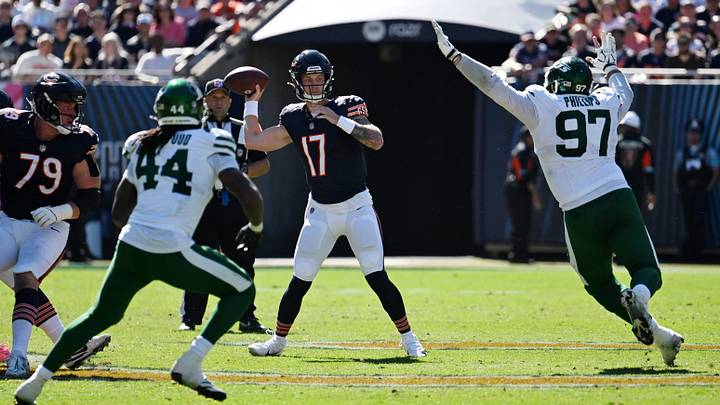 Bears quarterback Tyson Bagent looks to pass against the New York Jets during the second quarter at Soldier Field. Bears quarterback Tyson Bagent looks to pass against the New York Jets during the second quarter at Soldier Field.