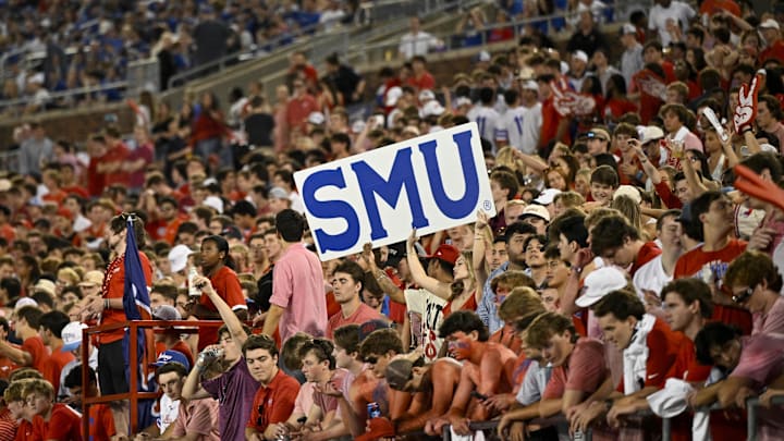 Sep 6, 2024; Dallas, Texas, USA; A view of the SMU fans and students during the game between the Southern Methodist Mustangs and the Brigham Young Cougars at Gerald J. Ford Stadium. Mandatory Credit: Jerome Miron-Imagn Images Sep 6, 2024; Dallas, Texas, USA; A view of the SMU fans and students during the game between the Southern Methodist Mustangs and the Brigham Young Cougars at Gerald J. Ford Stadium. Mandatory Credit: Jerome Miron-Imagn Images