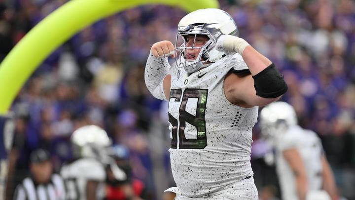Oct 14, 2023; Seattle, Washington, USA; Oregon Ducks offensive lineman Jackson Powers-Johnson (58)