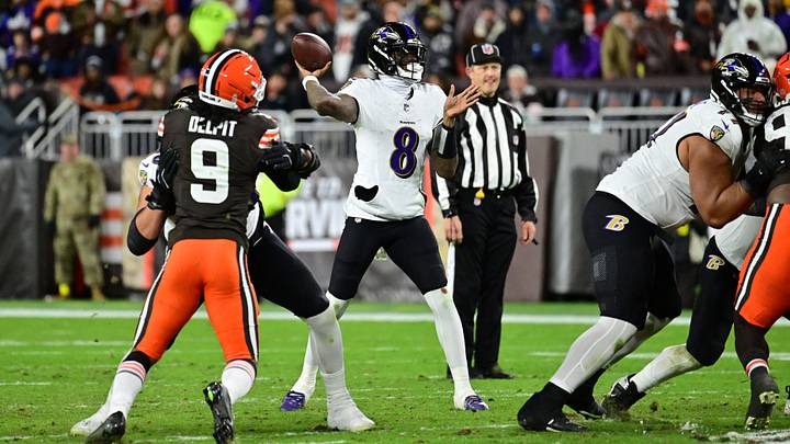 Nov 16, 2025; Cleveland, Ohio, USA; Baltimore Ravens quarterback Lamar Jackson (8) throws downfield during the third quarter against the Cleveland Browns at Huntington Bank Field. Mandatory Credit: Ken Blaze-Imagn Images Nov 16, 2025; Cleveland, Ohio, USA; Baltimore Ravens quarterback Lamar Jackson (8) throws downfield during the third quarter against the Cleveland Browns at Huntington Bank Field. Mandatory Credit: Ken Blaze-Imagn Images